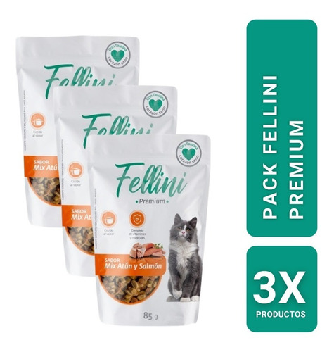 Pack 3 Alimento Humedo Gatos Mix Atun Y Salmon 85gr Fellini