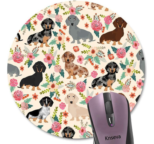 Knseva Cute Colored Floral Daschund Round Mouse Pad Seamless