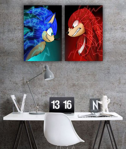 Set De 2 Cuadros Decorativo Sonic Vs Knuckles Gamer Moderno
