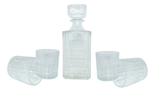 Set Whisky 5 Piezas | Licorera + 4 Vasos Vidrio Labrado Tk