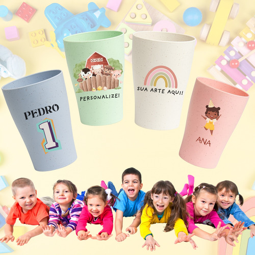 Kit C/ 50 Copo Ecologico Personalizado Lembrancinha Infantil
