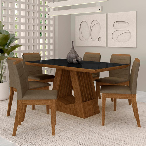 Mesa Málaga 1,6 Com 6 Cadeiras Freijó/pto/capuccino - M.a Cor Freijó/preto/capuccino