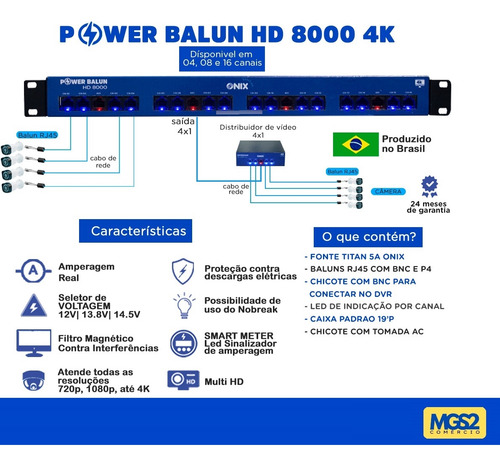 Rack Cftv Power Balun Hd 8000 4k Onix 8 Canais C/ Fonte 5a