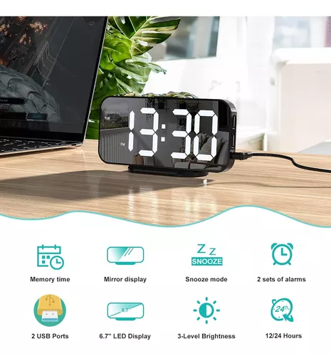 Reloj Despertador con Espejo LED Digital Electrónico USB