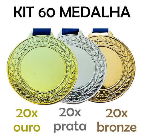 Kit 60 Medalhas Personalizáveis Grande Centro Liso Ø55mm Cor Sortida