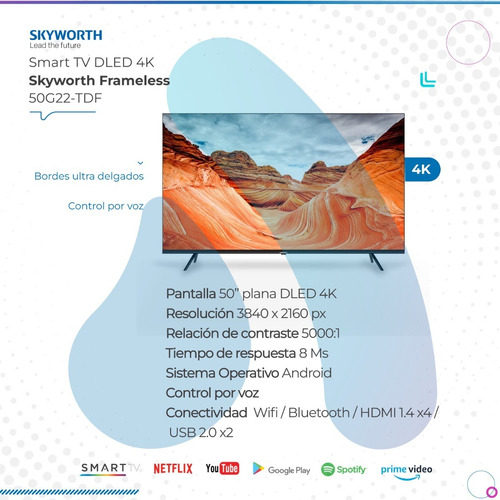 Smart Tv Skyworth 50 Pulgadas Led 4k Uhd Frameless Androidtv