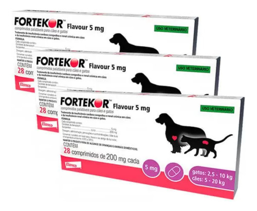 Kit 3 Fortekor Flavour 5mg Cães E Gatos - 28 Comprimidos
