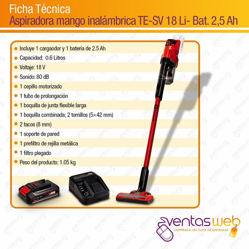 Imagen 9 de 10 de Aspiradora Inalambrica Einhell Bateria 2,5 Amp Hogar Auto
