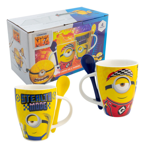 2 Tazas Porcelana Con Cuchara Para Café Minions 310 Ml