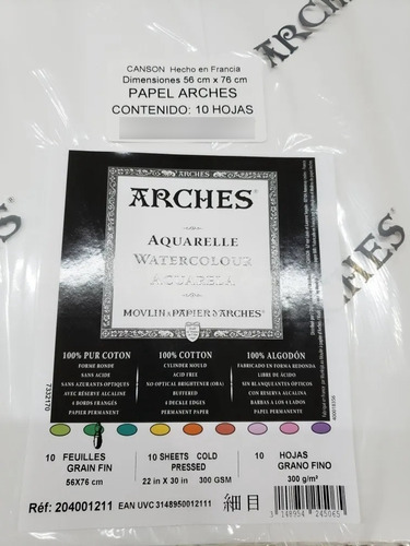 Paquete Papel Arches Fin/3 Piezas56x76cm 300g/m2 P/acuarela