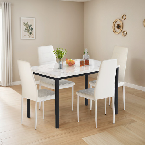 Juego De Mesa De Comedor 5 Piezas Con Mesa Mármol Sintético