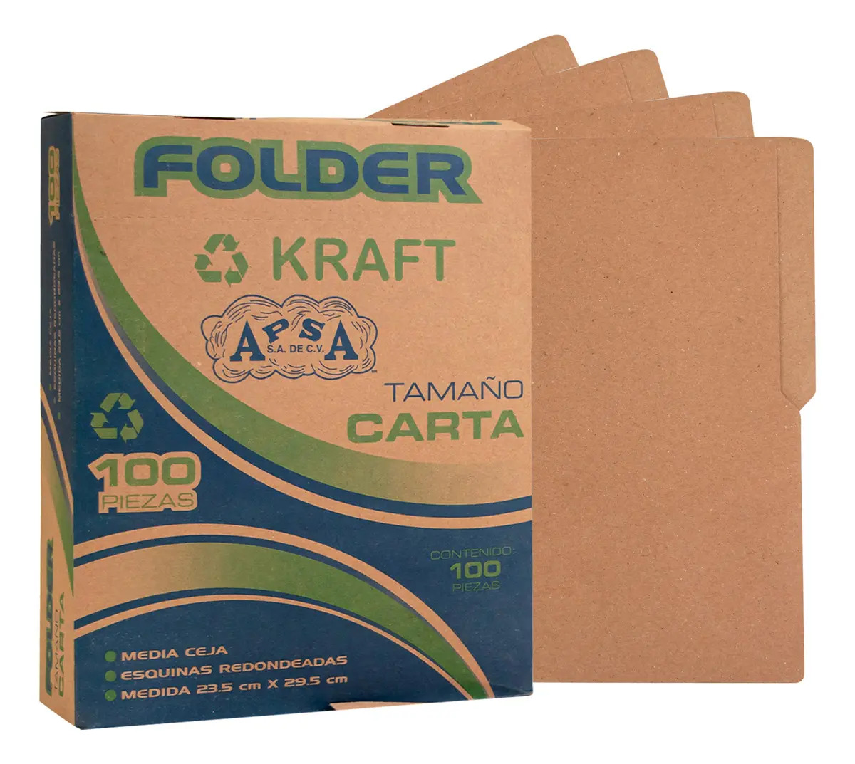 APSA | Folder Tamaño Carta Kraft Biodegradable | Paquete Económico 100 Piezas | Carpeta Reciclable para Documentos | Papel Ecológico con Media Ceja | Papelería Hecha en México
