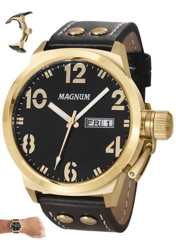 Relógio Masculino Magnum Ma32783u Dourado Em Couro