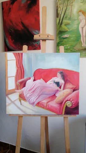 Cuadro Pintura Al Óleo Mujer Leyendo Sobre El Sofá Arte