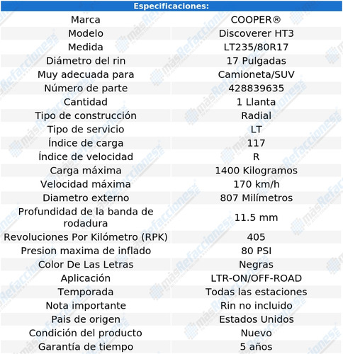 Llanta Cooper Lt235/80r17 Discoverer Ht3 120/117r