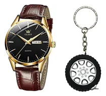 Comprar Relógio Masculino De Luxo Olevs Dourado Social + Chaveiro Cor Da Correia Marrom Cor Do Fundo Preto