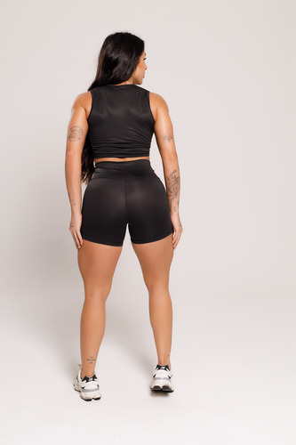 Conjunto Fitness Feminino Cropped E Legging Short Academia Preto Liso G