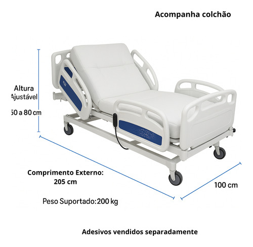 Cama Hospitalar Elétrica Motorizada 8 Movimentos + Trendelemburg + Pro Clive Articulada Posição Poltrona + Colchão D33 180kg