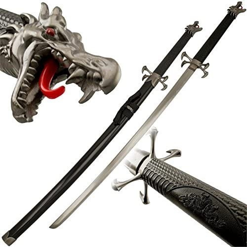 Espada Katana Tamanho Real Dragão Samurai Aço Suporte 101cm