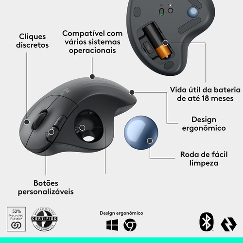 Mouse Logitech Trackball Ergo M575 Sem Fio Bluetooth Preto