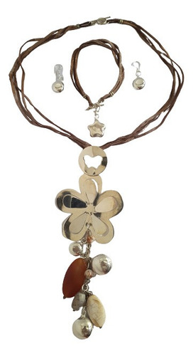 Juego Bisuteria (collar, Aretes, Pulsera) Flor Tono Coffee