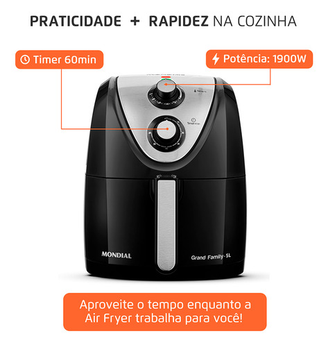Fritadeira Sem Óleo 5l Mondial Preto/inox 1900w Afn-50-bi Preto/inox