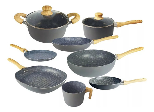 Set  Cacerola Sarten Wok Bifera Jarro Panq Hervidor Granito