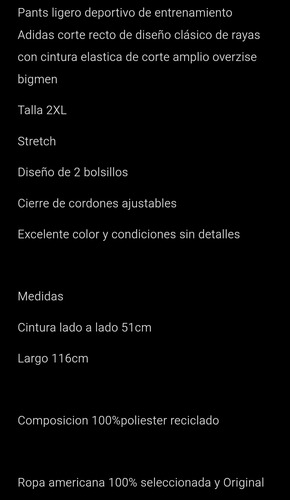 Pants Adidas 2xl Corte Recto Deportivo Entrenamiento Amplio (Usado)