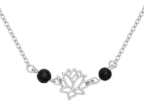 Collar Con Colgante De Flor De Loto De Piedra De Lava Negra