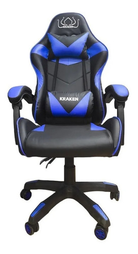 Silla de escritorio Kraken 1002 gamer ergonómica  negra y azul con tapizado de piel sintética y cuero sintético