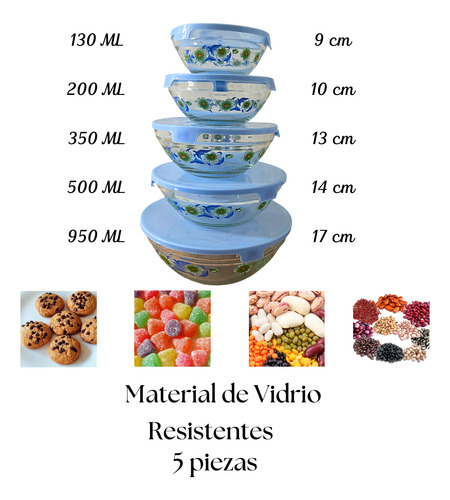 Juego De 5 Bowls Contenedores De Vidrio Hermeticos Con Tapa Azul Claro
