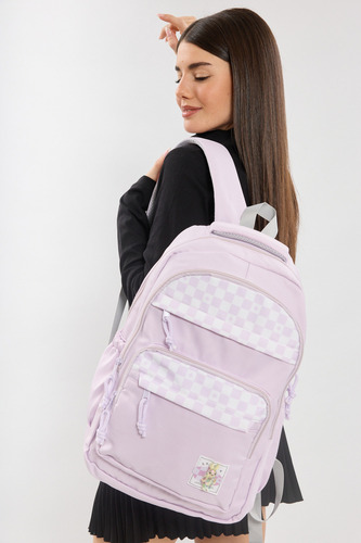 Mochila Colores Unisex Escolar Moda Viaje Lila Liso Con Cuadros Tipo Carrera