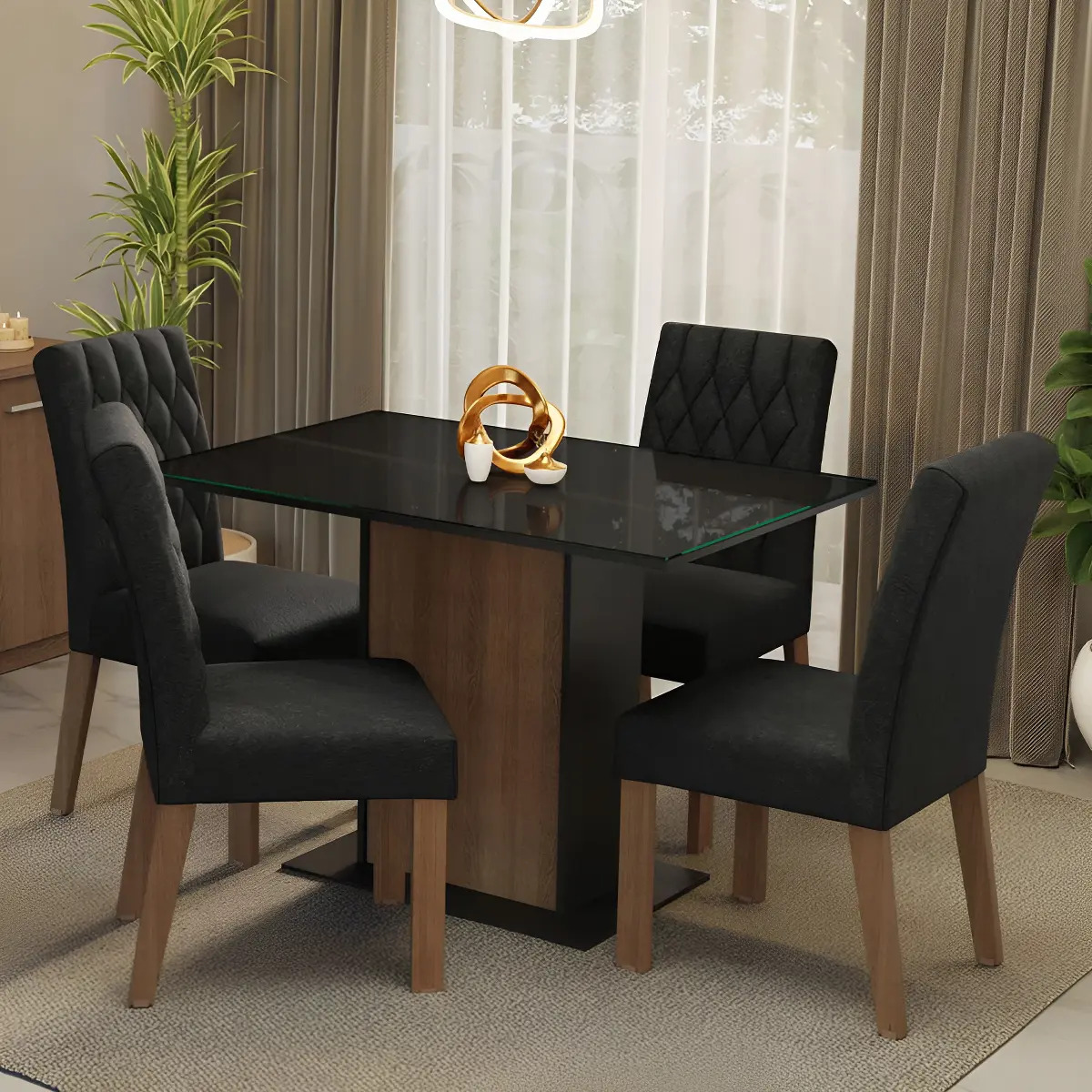 Sala De Jantar Mesa Tampo Vidro 4 Cadeiras Reale Madesa Rpo Cor Rustic/Preto/Oxford