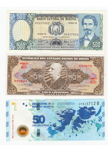 Lote 3 Billetes Históricos Bolivia - Brasil - Argentina