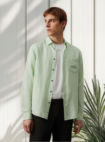 Camisa Linen Cotton Regular Verde Calvin Klein