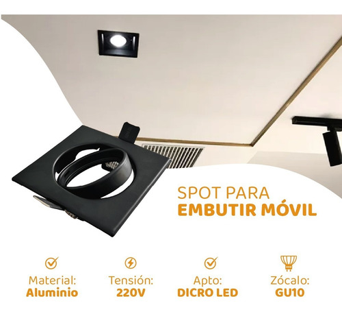Imagen 2 de 10 de Spot Embutir Movil Cuadrado Aluminio Apto Dicro Led Gu10
