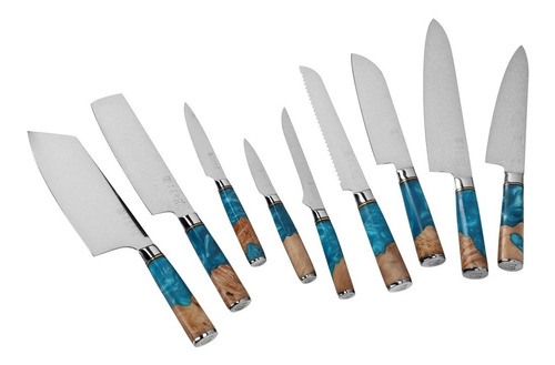 Set 9 Cuchillos - Zero Knives - Damascus Blue Resin
