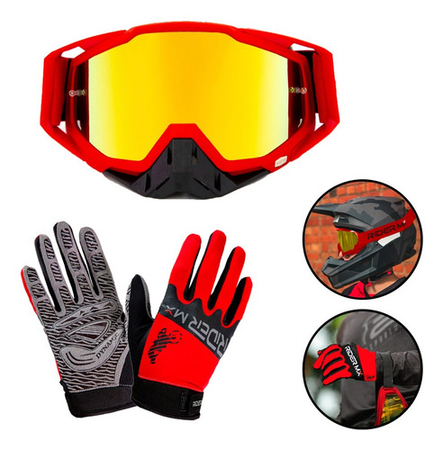 Kit Oculos E Premium Motocross Luva Slim Red Enduro Trilha Cor Vermelho Tamanho Unico