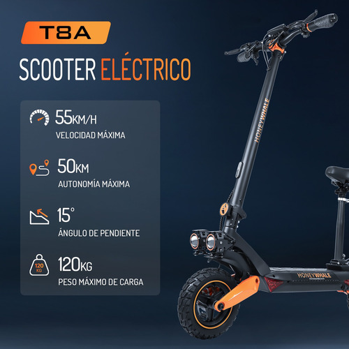Honeywhale Scooter Eléctrico Patín T8a Motor De 950w Velocidad Máxima 55km/h Batería 15ah Autonomía 50km Honey Whale Color Negro Con Naranja
