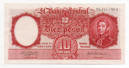 Billete Argentina 10 Pesos Moneda Nacional Bottero 1957 Ex+