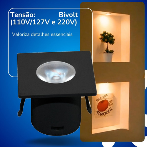 Mini Spot Led Quadrada 1w 3000k Preto Moveis 127/220V Kian
