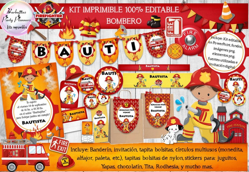 Kit Imprimible Candy Bar Bombero 100% Editable