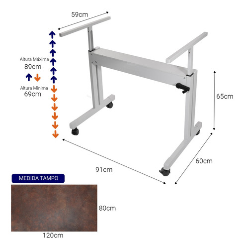 Mesa Ergonômica Regulável Manivela Tampo Corten Com Rodinhas Cor Cinza
