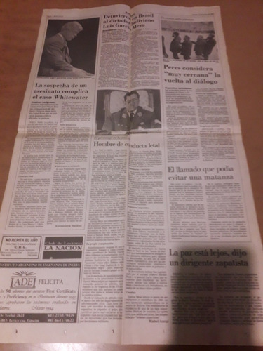 Tapa Diario La Nación 12 3 1994 San Lorenzo Frei Pami Aduana (Usado)