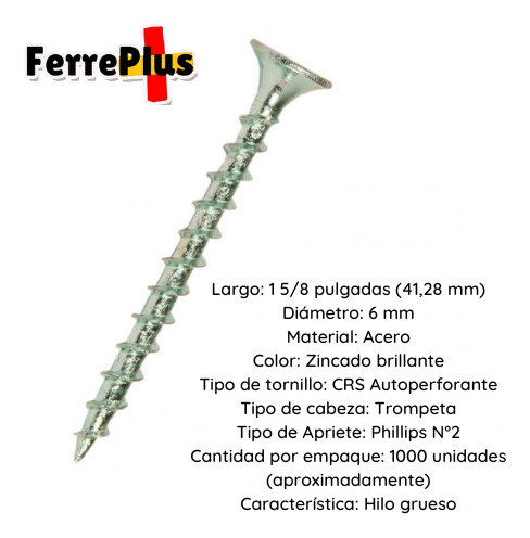 Tornillo Volcanita Crs Zincado 6 X 1 5/8 X 1000 Und