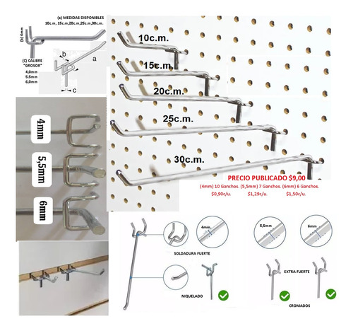 Gancho Blister 30cm Pa Lamina Perforada (4 Mm, 5,5 Mm, 6mm).