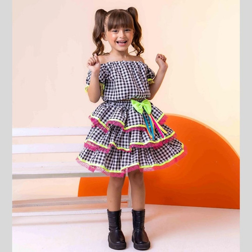 Conjunto Feminino Quadriculado Junino Babados 1 A 16 Anos Preto 1