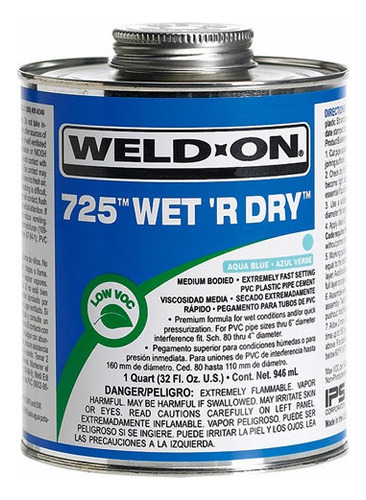 Pegamento Tuberia Pvc 1/2 Litro Weld-on 725 Wet'r Dry Azul