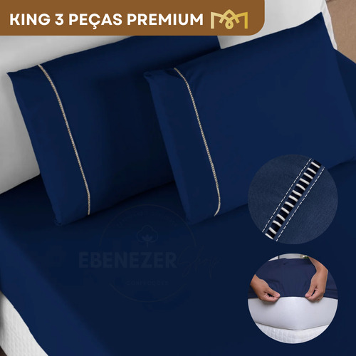 Kit Jogo Lençol King Elástico E Fronhas 3 Peças 400 Fios Macio Luxo Cor Azul Marinho Premium