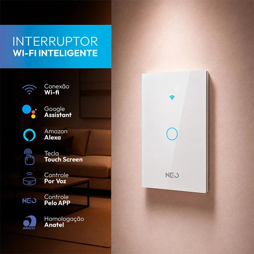 Interruptor Smart Inteligente Wi-fi 2.4 GHz Alexa google 1 Botão 4x2 Bivolt Branco Cod: 291990356 Neo Avant